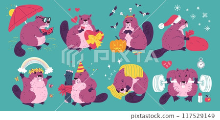 Set of cute colorful beavers in different situations and poses. 117529149