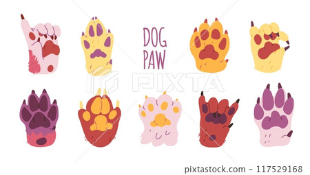 Vector illustration dog paws with different gestures: a sign of approval, a rock gesture. 117529168