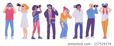 People with binoculars in vector set. Flat cartoon style. 117529174