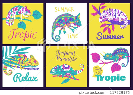 Vector set of posters with cute colorful chameleons text on a white and yellow background 117529175