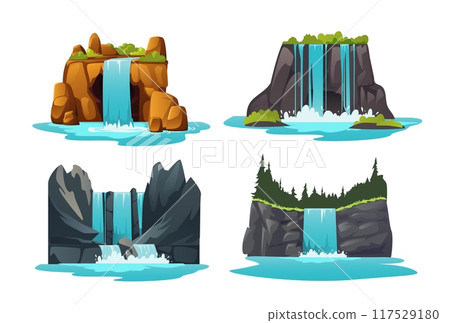 Waterfall nature elements set of flat cartoon vector illustration isolated. Waterfall nature elements set of flat cartoon vector illustration isolated. 117529180