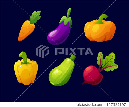 Fresh vegetables icon set, cartoon natural garden harvest, farm game assets, vector pumpkin, carrot isolated on black 117529197