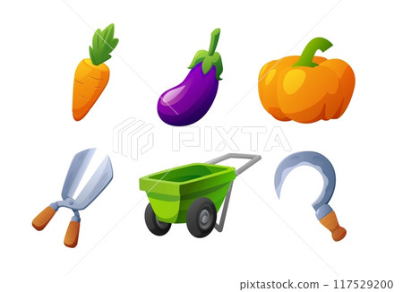 Garden tools and vegetables set for farm game, flat vector illustration isolated. Garden tools and vegetables set for farm game, flat vector illustration isolated. 117529200