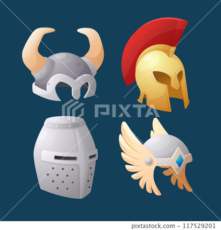 Knight and gladiator helmets game design set, flat vector illustration isolated. Knight and gladiator helmets game design set, flat vector illustration isolated. 117529201