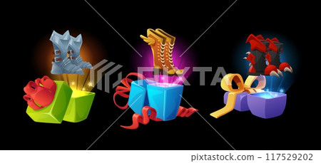 Open different gift boxes with boots prize vector glow set, GUI reward game assets, cartoon present shoes packages Open different gift boxes with boots prize vector glow set, GUI reward game assets, cartoon present shoes packages 117529202