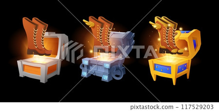 Boots fly out of the chests, game design elements, cartoon style vector 117529203
