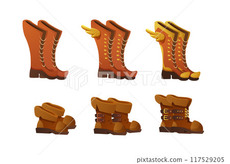 Design ui set of boots and shoes for game, flat vector illustration isolated. 117529205