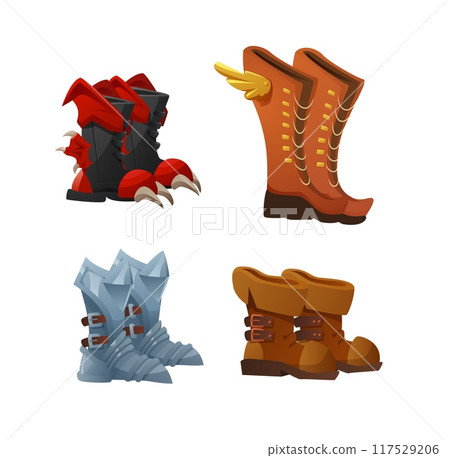 Set of boots metal or leather with buckles, wings, claws, shoes for ancient knight or warrior cartoon vector game assets 117529206