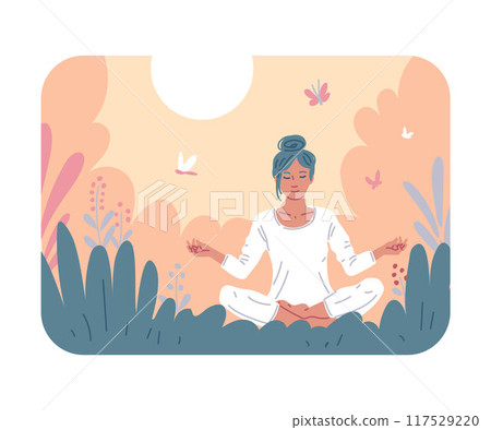 Young woman meditating in a lotus pose in nature, vector cartoon tranquil girl doing yoga on summer floral scenery 117529220
