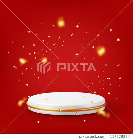 3D white podium with gold confetti isolated 117529224