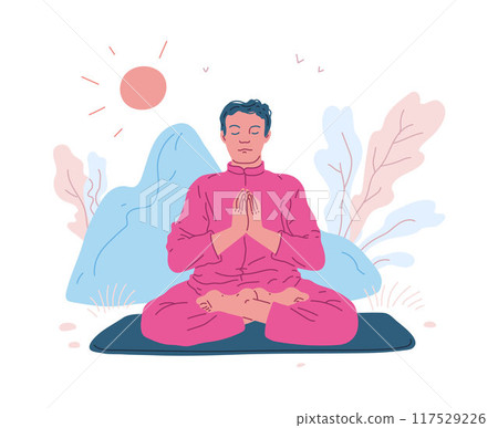 Meditation. Vector illustration of a man in the lotus position performing breathing exercises in nature 117529226