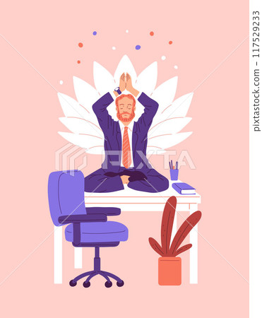 Vector illustration: a man in an office suit meditating in the lotus position on the desktop Vector illustration: a man in an office suit meditating in the lotus position on the desktop 117529233