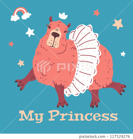 Vector illustration of a capybara wearing a princess skirt on a blue background. Vector illustration of a capybara wearing a princess skirt on a blue background. 117529276