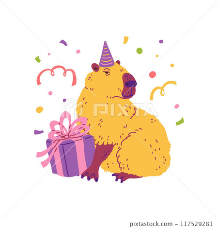 Cartoon cute capybara in party hat with gift box, vector funny cheerful capibara character birthday holiday celebration 117529281