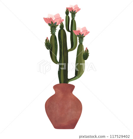 Blooming cactus in a red ceramic amphora pot. Plants for the home. Floriculture. Interior decoration. Isolated watercolor illustration on white background. Clipart. 117529402