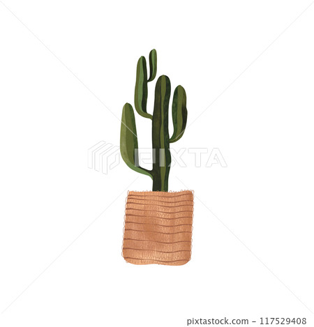 Cactus in a wicker basket. Plants for the home. Floriculture. Interior decoration. Isolated watercolor illustration on white background. Clipart. 117529408