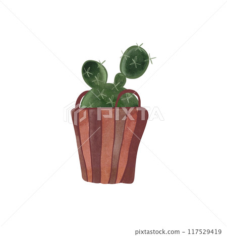 Cactus in a wicker basket. Plants for the home. Floriculture. Interior decoration. Isolated watercolor illustration on white background. Clipart. 117529419