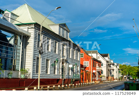 Traditional houses in the historic center of Paramaribo, UNESCO world heritage in Suriname, South America 117529849
