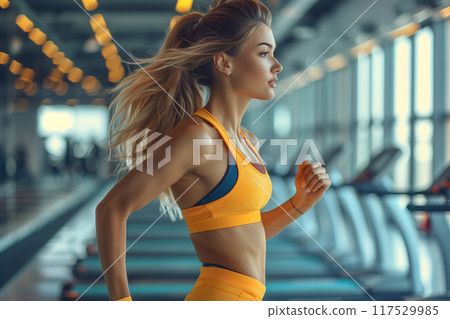 Dynamic Athletic Woman Running Energetically in Modern Gym During Daylight Hours 117529985