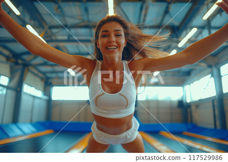 Dynamic Young Athlete Embracing Freedom During a Vibrant Indoor Trampoline Session 117529986