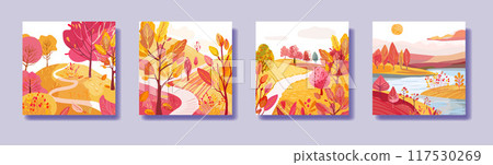 Set with landscapes. Indian summer. Hand drawn. Sun over the river. Fields on the hills.. Print on invitations, postcards or posters. Flyer. Vector 117530269