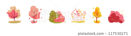 Autumn set of decorative bushes with thin branches of pink and red trees. Leaf fall folk. Multi-colored bright plants. Branched bush. Isolated vector white background 117530271