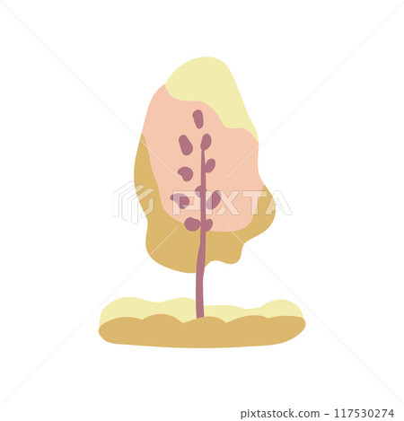 Hand drawn tree with salad green and pink leaves and grass. Simple design. Flat vector illustration. Icon plant 117530274