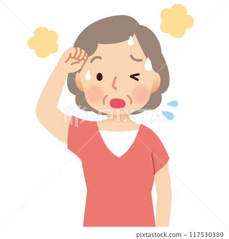 老年婦女因高溫、中暑而出汗 老年婦女因高溫、中暑而出汗 117530389