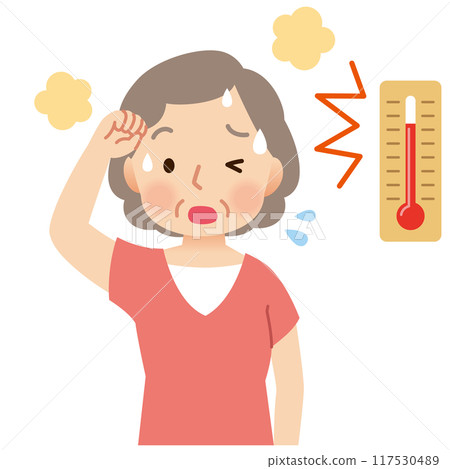Elderly woman sweating in high temperatures - heat stroke Elderly woman sweating in high temperatures - heat stroke 117530489