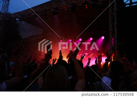 Silhouettes of crowd at concert in front of stage with bright spotlights. People enjoy live music at the band's performance. Concert hall with musicians on stage and fans during music festival Silhouettes of crowd at concert in front of stage with bright spotlights. People enjoy live music at the band's performance. Concert hall with musicians on stage and fans during music festival 117530508