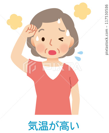 老年婦女因高溫、中暑而出汗 老年婦女因高溫、中暑而出汗 117530586