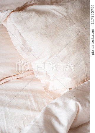 Soft pillows and bedding on bed creating cozy and inviting atmosphere. 117530795