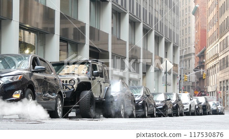 Hot smoke from manhole, Con Edison's Steam system, New York, United States. Manhattan Downtown, USA. Hot smoke from manhole, Con Edison's Steam system, New York, United States. Manhattan Downtown, USA. 117530876