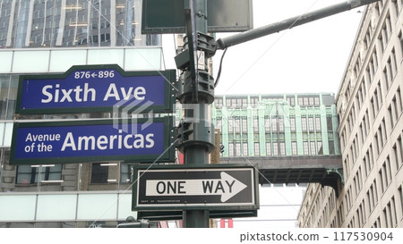 New York City crossroad, street intersection road sign. 6 Sixth ave, Americas avenue. Gimbels Bridge 117530904