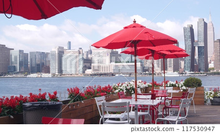 New York City waterfront skyline, Manhattan Midtown riverfront skyscrapers. Cityscape from Queens. 117530947