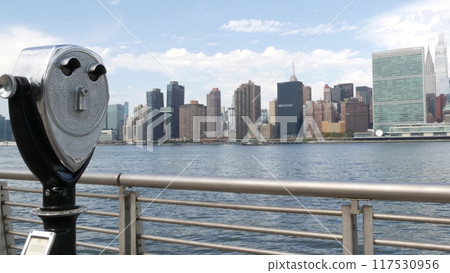 New York City waterfront skyline, Manhattan Midtown riverfront skyscrapers. Cityscape from Queens. New York City waterfront skyline, Manhattan Midtown riverfront skyscrapers. Cityscape from Queens. 117530956