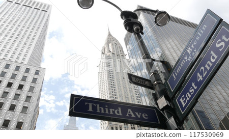 New York City crossroad, street intersection road sign. Chrysler building, Midtown Lexington avenue. 117530969