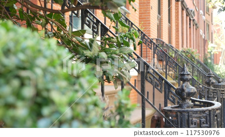 New York City townhouse building, Brooklyn Heights residential brownstone house architecture in USA. 117530976