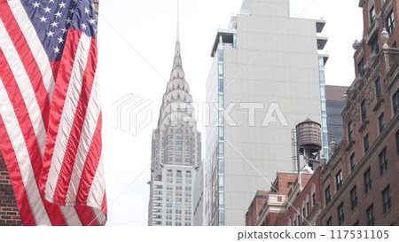 New York, american flag waving. Chrysler building. Manhattan midtown city street banner, patriotism. 117531105