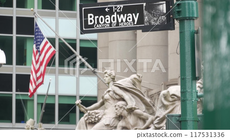 Broadway street road sign, Manhattan architecture, New York City. Traffic signage of street name. 117531336