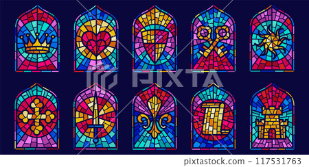 Church glass windows. Gothic vector arch frame with medieval symbols. Vintage architecture elements. Stained color mosaic decoration set with crown, heart, shield and sword 117531763