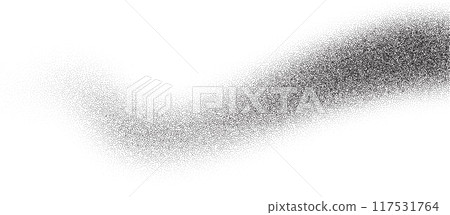 Grainy noisy gradient background. Sand wave on white bg. Stipple black texture like spray. Abstract vector grunge fade shape. Dissolve curve shadow with glitter. 117531764