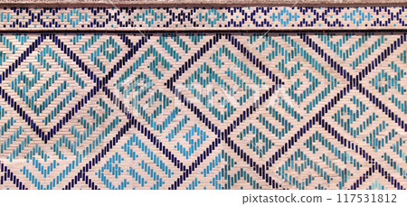 Vertical or horizontal background with detail of ancient mosaic walls with clay details and geometric ceramic tile ornament. Traditional iranian tile decorations Vertical or horizontal background with detail of ancient mosaic walls with clay details and geometric ceramic tile ornament. Traditional iranian tile decorations 117531812