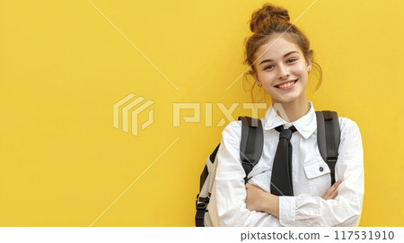 AI-generated item. Portrait of a smiling schoolgirl with a backpack on a yellow background. 117531910