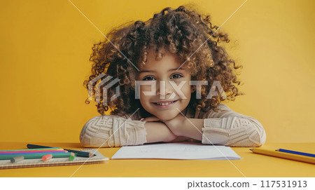 AI-generated item. Adorable african american girl while doing homework isolated on yellow background. 117531913