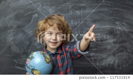 AI-generated item. Cute little boy holding a globe in front of a blackboard and pointing finger up at copy space. 117531914