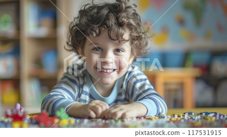 AI-generated item. Cute little boy playing with puzzle at home. Early education concept. 117531915