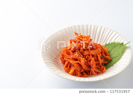 Squid kimchi on a white background Squid kimchi on a white background 117531957