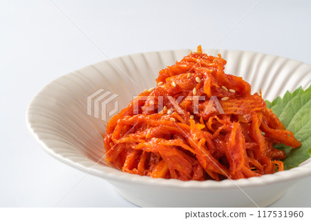 Squid kimchi on a white background Squid kimchi on a white background 117531960