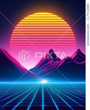 Neon grid and sun backdrop from the 80s featuring a double exposure of a mountainous scene 117532000